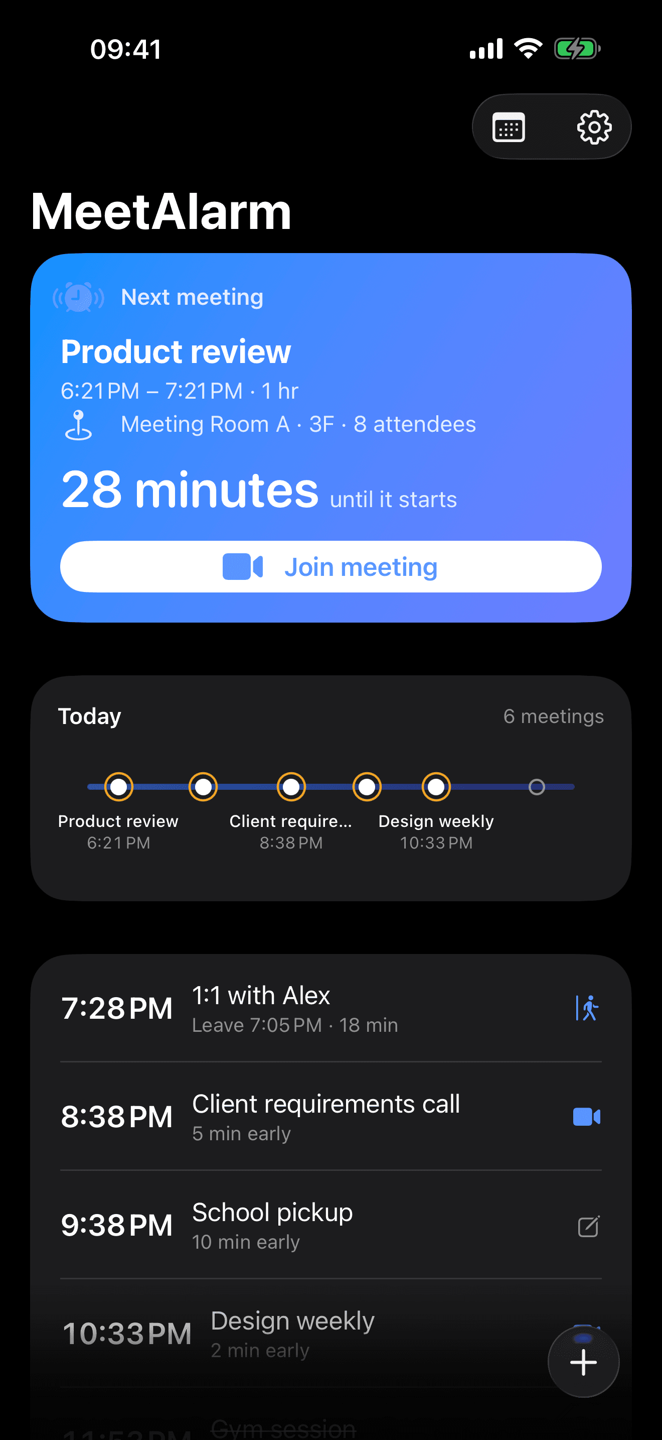 MeetAlarm timeline showing the next meeting with a live countdown and a Join button