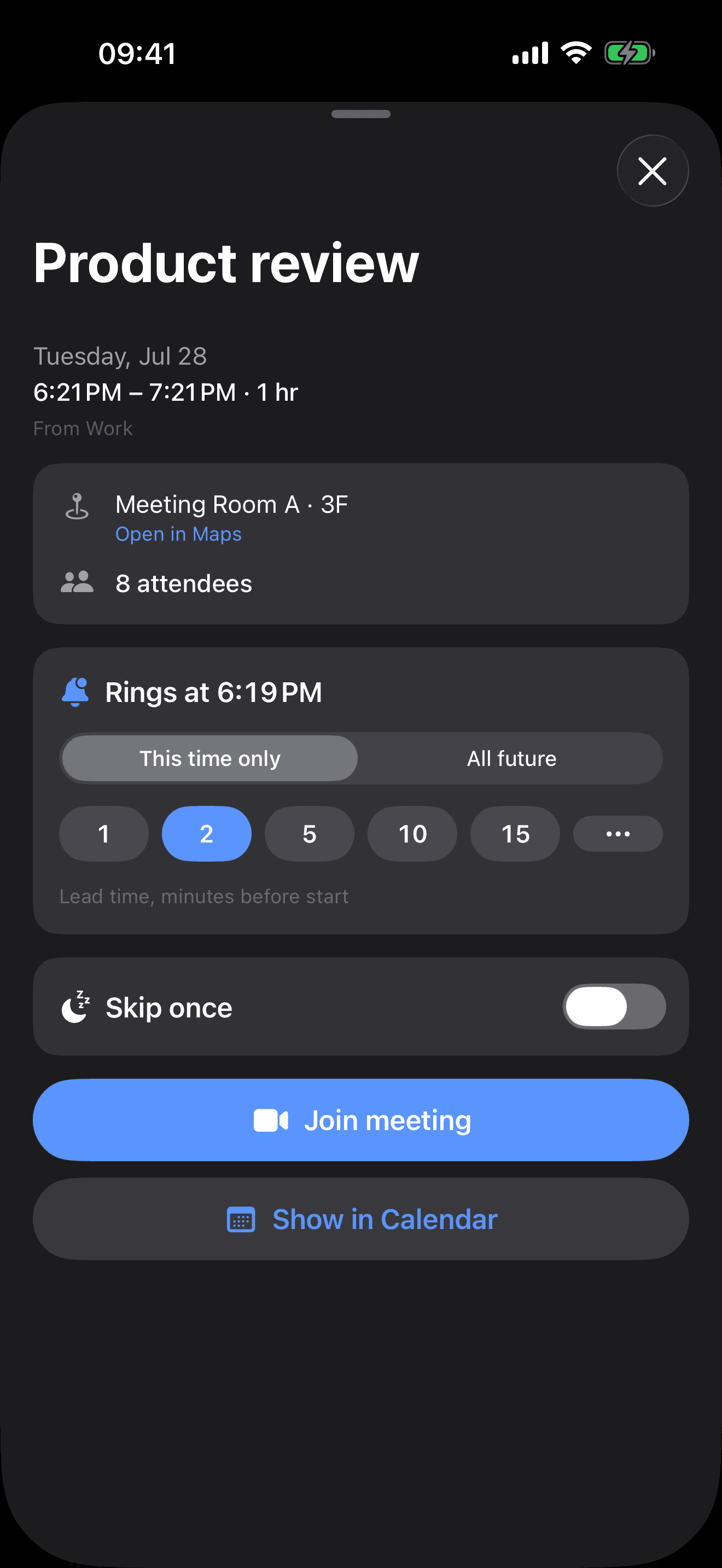 MeetAlarm meeting detail with a Join meeting button and per-meeting alarm lead time
