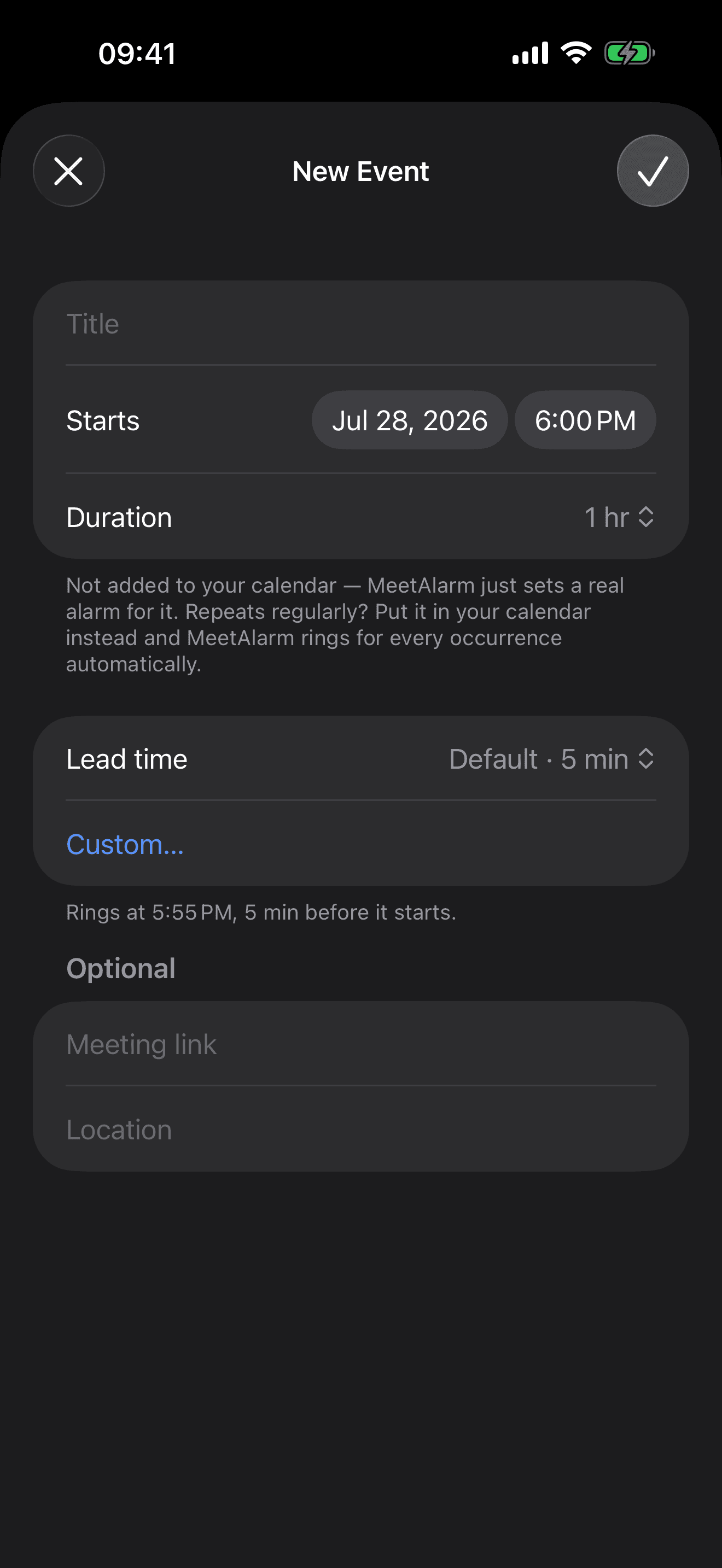 MeetAlarm new event form for adding a one-off manual alarm